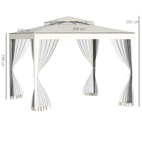 Outsunny Pérgola de Jardim 3x3m Pérgola com 4 Redes Mosquiteiras Laterais com Zíper Teto de Ventilação e 8 Orifícios de Drenagem Pérgola para Terraço Pátio Exterior Bege(m-3)