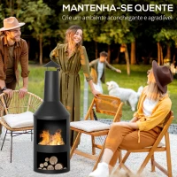 Outsunny Lareira Jardim de Metal Lareira de Terraço com Prateleiras de Armazenamento de Lenha Chaminé para Fumaça e Atiçador para Exterior Ø44,5x133cm Preto(m-4)