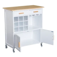 HOMCOM Carrinho de Cozinha Auxiliar com Rodas Carrinho de Cozinha com 2 Gavetas Suporte para 9 Garrafas Suporte para Taças Prateleira Aberta e Armário 76x40x88cm Branco(m-9)