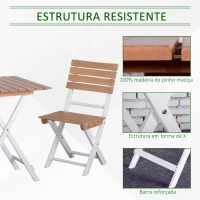Outsunny Conjunto de Terraço Dobráveis de 3 Peças Mesa 60x60x73cm e 2 Cadeiras 41,8x49,7x83cm Estrutura de Madeira e Metal para Jardim Balcão Exterior Natural e Branco(m-6)