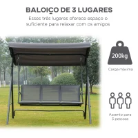 Outsunny Baloiço Jardim de 3 Lugares com Toldo Ajustável Encosto Respirável e Estrutura de Aço para Terraço Balcão Exterior 175x118x159 cm Cinza(m-6)