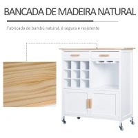 HOMCOM Carrinho de Cozinha Auxiliar com Rodas Carrinho de Cozinha com 2 Gavetas Suporte para 9 Garrafas Suporte para Taças Prateleira Aberta e Armário 76x40x88cm Branco(m-6)