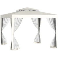 Outsunny Pérgola de Jardim 3x3m Pérgola com 4 Redes Mosquiteiras Laterais com Zíper Teto de Ventilação e 8 Orifícios de Drenagem Pérgola para Terraço Pátio Exterior Bege(m-1)