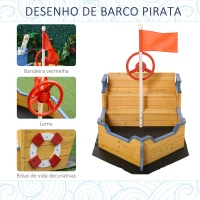 Outsunny Caixa de Areia Infantil de Madeira Desenho de Galeão com Assento 2 Degraus Bandeira Vermelha e Leme Caixa de Areia de Jardim para Crianças acima de 3 Anos 158x78x45,5cm Natural(m-4)