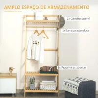 HOMCOM Suporte para Cabides de Bambu Cabideiro com Prateleira de 3 Níveis com Barra e Cabide Lateral 70x42x164cm Madeira(m-4)