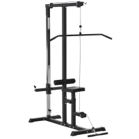 Atlas HOMCOM z kołem pasowym regulowanym siedziskiem i kilkoma pozycjami linek do wzmacniania mięśni urządzenie treningowe fitnessu w domu stal kolor czarny 180 x 183 x 219 cm(m-1)