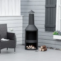 Outsunny Lareira Jardim de Metal Lareira de Terraço com Prateleiras de Armazenamento de Lenha Chaminé para Fumaça e Atiçador para Exterior Ø44,5x133cm Preto(m-2)