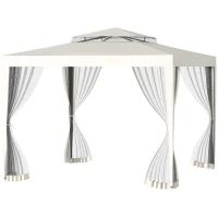 Outsunny Pérgola de Jardim 3x3m Pérgola com 4 Redes Mosquiteiras Laterais com Zíper Teto de Ventilação e 8 Orifícios de Drenagem Pérgola para Terraço Pátio Exterior Bege(m-7)