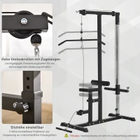 Atlas HOMCOM z kołem pasowym regulowanym siedziskiem i kilkoma pozycjami linek do wzmacniania mięśni urządzenie treningowe fitnessu w domu stal kolor czarny 180 x 183 x 219 cm(m-6)