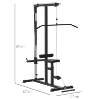 Atlas HOMCOM z kołem pasowym regulowanym siedziskiem i kilkoma pozycjami linek do wzmacniania mięśni urządzenie treningowe fitnessu w domu stal kolor czarny 180 x 183 x 219 cm(m-3)