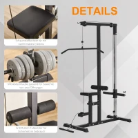 Atlas HOMCOM z kołem pasowym regulowanym siedziskiem i kilkoma pozycjami linek do wzmacniania mięśni urządzenie treningowe fitnessu w domu stal kolor czarny 180 x 183 x 219 cm(m-5)