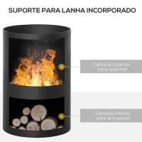 Outsunny Lareira Jardim de Metal Lareira de Terraço com Prateleiras de Armazenamento de Lenha Chaminé para Fumaça e Atiçador para Exterior Ø44,5x133cm Preto(m-5)