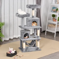 PawHut 145cm Cat Tree Multi-tier Activity Center Scratcher Pet Condo House Tower Hammock & Toys, Grey(m-10)
