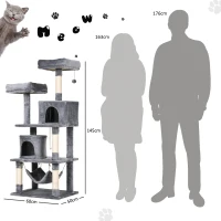 PawHut 145cm Cat Tree Multi-tier Activity Center Scratcher Pet Condo House Tower Hammock & Toys, Grey(m-6)