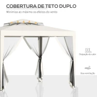 Outsunny Pérgola de Jardim 3x3m Pérgola com 4 Redes Mosquiteiras Laterais com Zíper Teto de Ventilação e 8 Orifícios de Drenagem Pérgola para Terraço Pátio Exterior Bege(m-4)
