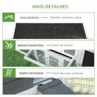 PawHut Galinheiro de Madeira Exterior Gaiola para 2 Galinhas com Cerca de Arame Tetos Asfálticos Abatíveis Ninho Bandeja Removível Rampa e Mesa de Cultivo 191,5x80x90cm Cinza(m-8)