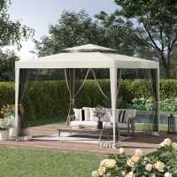 Outsunny Pérgola de Jardim 3x3m Pérgola com 4 Redes Mosquiteiras Laterais com Zíper Teto de Ventilação e 8 Orifícios de Drenagem Pérgola para Terraço Pátio Exterior Bege(m-2)