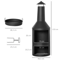 Outsunny Lareira Jardim de Metal Lareira de Terraço com Prateleiras de Armazenamento de Lenha Chaminé para Fumaça e Atiçador para Exterior Ø44,5x133cm Preto(m-3)