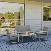 Outsunny 4 PCs PE Rattan Wicker Sofa Set Outdoor Conservatory Furniture Lawn Patio Coffee Table w/ Cushion, Grey(m-10)