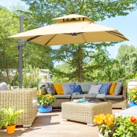 Outsunny 3m Cantilever Parasol, Outdoor Offset Patio Umbrella, Solar LED Lighted Hanging Sun Shade Canopy with Tilt and Crank Handle, Cross Base for Lawn, Khaki(m-2)