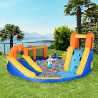 Outsunny 6 in 1 Kids Bouncy Castle Large Inflatable House Slide Water Pool Gun Basket Climbing Wall Tunnel with 750W Blower Carry bag for Kids Age 3-8, 4.35 x 4.35 x 2m(m-10)