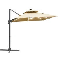 Outsunny 3m Cantilever Parasol, Outdoor Offset Patio Umbrella, Solar LED Lighted Hanging Sun Shade Canopy with Tilt and Crank Handle, Cross Base for Lawn, Khaki(m-1)