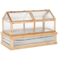 Outsunny Raised Garden Bed with Greenhouse Top - Garden Wooden Cold Frame Greenhouse Flower Planter Protection with 2 Independent Roofs, 122 x 61 x 82 cm, Natural(m-1)