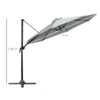 Outsunny 3(m) LED Cantilever Parasol Garden Sun Umbrella w/ Cross Base and Solar Lights Grey(m-3)