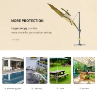 Outsunny 3m Cantilever Parasol w/ Solar Lights Power Bank Base 360° Spin Khaki(m-8)