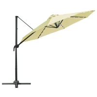Outsunny 3(m) LED Cantilever Parasol Garden Sun Umbrella w/ Base and Solar Lights Beige(m-14)