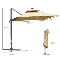 Outsunny 3m Cantilever Parasol, Outdoor Offset Patio Umbrella, Solar LED Lighted Hanging Sun Shade Canopy with Tilt and Crank Handle, Cross Base for Lawn, Khaki(m-3)