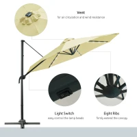 Outsunny 3(m) LED Cantilever Parasol Garden Sun Umbrella w/ Base and Solar Lights Beige(m-7)