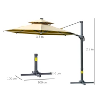 Outsunny 3m Cantilever Parasol w/ Solar Lights Power Bank Base 360° Spin Khaki(m-3)