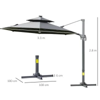 Outsunny 3m Cantilever Parasol w/ Solar Lights Power Bank Base 360° Spin Dark Grey(m-3)