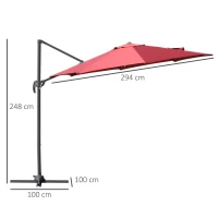 Outsunny Umbrella Parasol W/360° Rotation Φ294x248H cm-Wine Red(m-3)
