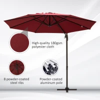 Outsunny 3m Cantilever Aluminium Frame Outdoor Garden Parasol Wine Red(m-6)