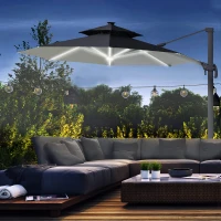 Outsunny 3m Cantilever Parasol w/ Solar Lights Power Bank Base 360° Spin Dark Grey(m-2)