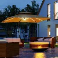 Outsunny 3m Cantilever Parasol, Outdoor Offset Patio Umbrella, Solar LED Lighted Hanging Sun Shade Canopy with Tilt and Crank Handle, Cross Base for Lawn, Khaki(m-10)