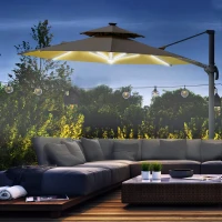 Outsunny 3m Cantilever Parasol w/ Solar Lights Power Bank Base 360° Spin Khaki(m-2)