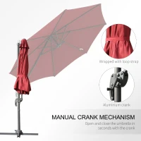 Outsunny Umbrella Parasol W/360° Rotation Φ294x248H cm-Wine Red(m-6)