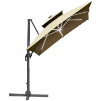 Outsunny 3m Cantilever Parasol, Outdoor Offset Patio Umbrella, Solar LED Lighted Hanging Sun Shade Canopy with Tilt and Crank Handle, Cross Base for Lawn, Khaki(m-11)
