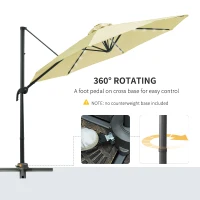 Outsunny 3(m) LED Cantilever Parasol Garden Sun Umbrella w/ Base and Solar Lights Beige(m-5)