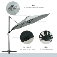 Outsunny 3(m) LED Cantilever Parasol Garden Sun Umbrella w/ Cross Base and Solar Lights Grey(m-7)