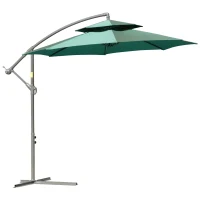 Outsunny 2.7m Banana Parasol Cantilever Umbrella with Crank Handle, Double Tier Canopy and Cross Base for Outdoor, Hanging Sun Shade, Green(m-1)