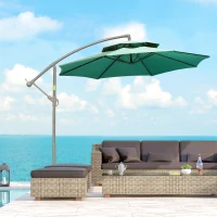 Outsunny 2.7m Banana Parasol Cantilever Umbrella with Crank Handle, Double Tier Canopy and Cross Base for Outdoor, Hanging Sun Shade, Green(m-12)