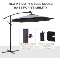 Outsunny 2.95m LED Patio Banana Umbrella Cantilever Parasol w/ Crank Cross Base(m-6)