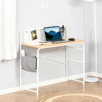 HOMCOM Bureau Informatique Table d'ordinateur Table d'étude 2 Pochettes Cadre en métal blanc dim. 98L x 46l x 98H cm Chêne Clair(m-10)