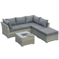 Outsunny 5-Seater Patio PE Rattan Corner Sofa Set, Outdoor Wicker Sectional Conversation Aluminum Frame Furniture Set w/ Padded Cushion, Tea Table with Ice Bucket, Light Grey(m-2)
