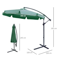 Outsunny 2.7m Garden Parasol Cantilever Umbrella with Crank Handle and Cross Base for Outdoor, Hanging Sun Shade, Green(m-3)