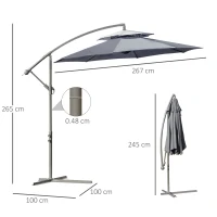 Outsunny 2.7m Garden Banana Parasol Cantilever Umbrella with Crank Handle, Double Tier Canopy and Cross Base for Outdoor, Hanging Sun Shade, Dark Grey(m-3)